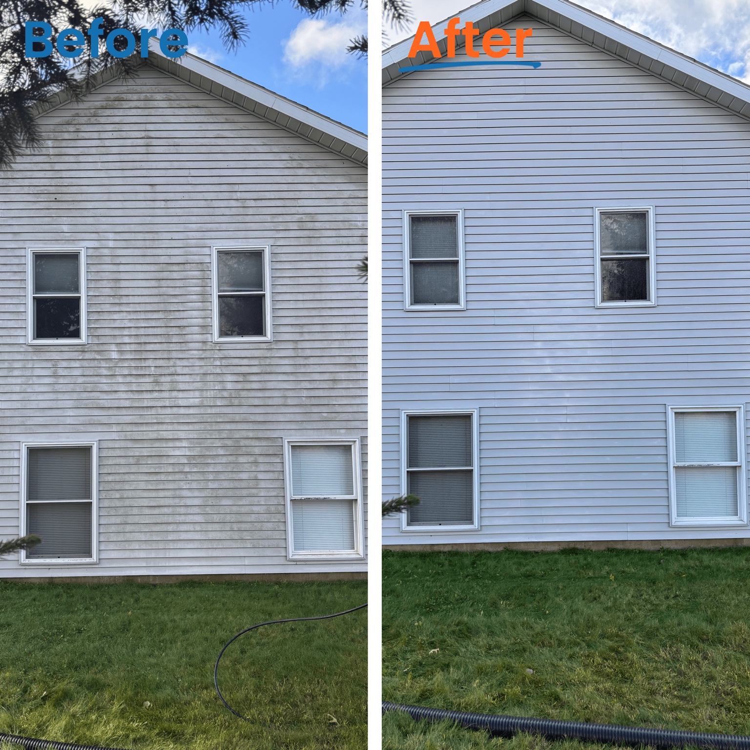 Before and after house siding cleaning result